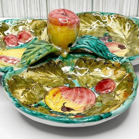 Vintage Italian Hand Painted Pottery Majolica Fruits Leaves Divided Serving Dish - Picture 8 of 13
